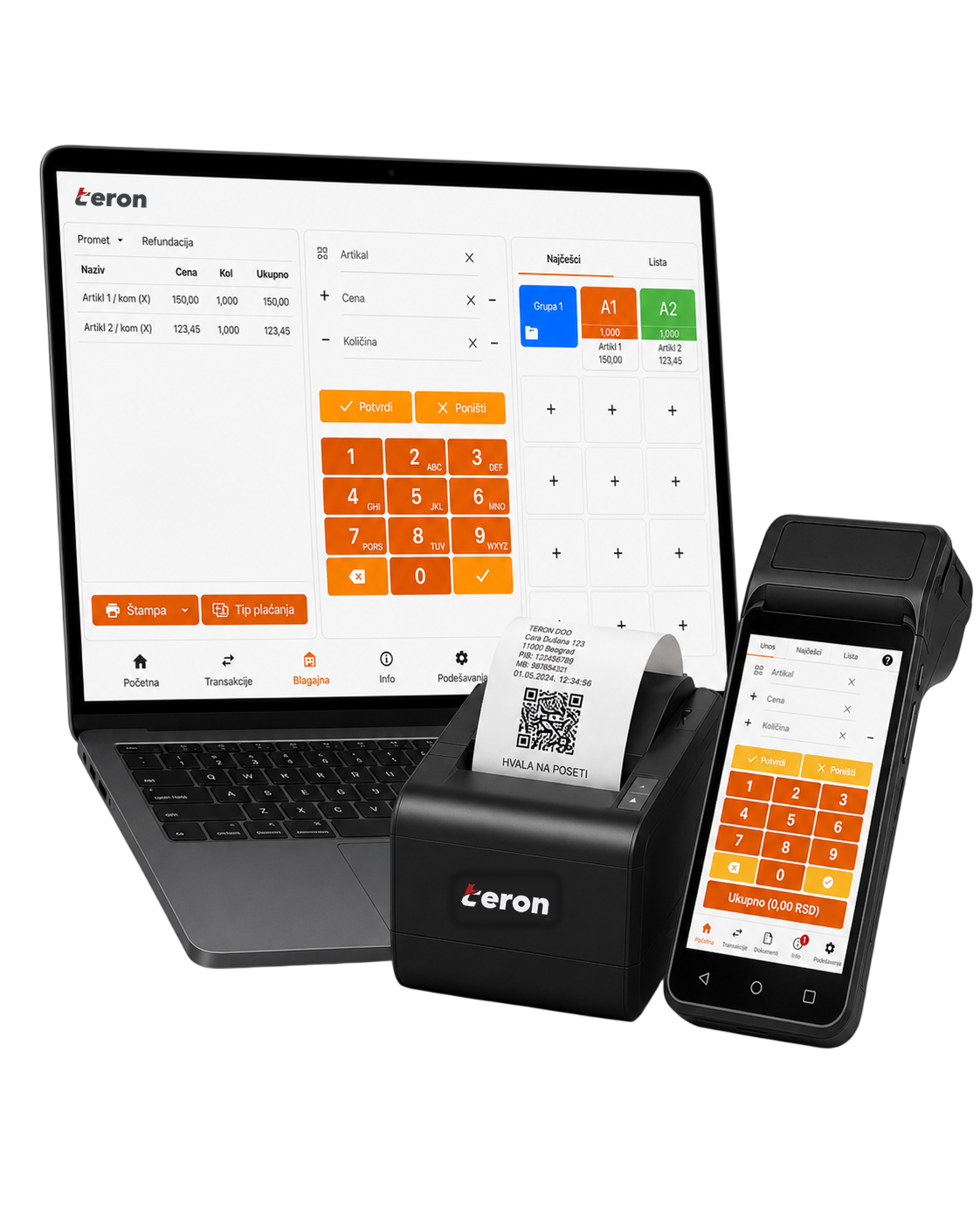 Teron fiskalna oprema — laptop, štampač i POS terminal